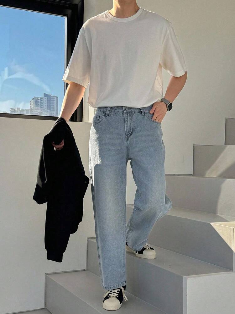 Plain Blue Men's Casual Denim Jeans, Simple & Fashion, Suitable For Everyday Wear In Autumn