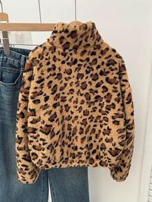 SHEIN Serisse Kids Tween Girls Casual Leopard Print Teddy Fleece Reversible Stand Collar Half-Zip Patch Pocket Loose Fit Long Sleeve Sweatshirt, Autumn/Winter, Fur Jacket Kids, Tween Plush Jacket, Kid Girl Jacket, Girls Cartoon Jackets Fall