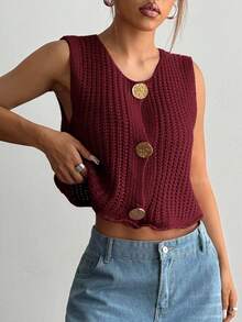 Flirla 女士时尚百搭简约金属单排扣休闲针织背心 - 紅色 - 查看 3