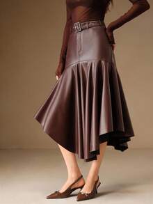 Anewsta Burgunderrote taillierte Lederrock mit ausgestelltem Saum für Damen, Herbst/Winter