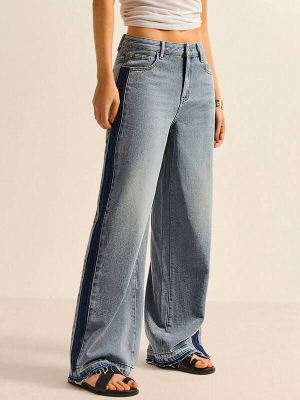 Daynim Jeans décontracté à jambe large avec poches et bordure contrastante pour femmes