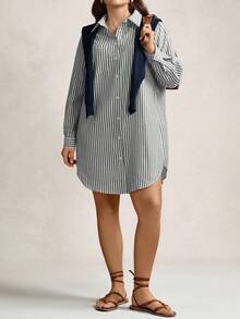 Zelara Plus Size Blue And White Striped Knee-Length Fall Dresses With Open Shirt Collar Baby Blue Dress Women Dress With Sleeves Blue Homecoming Dress Comfortable Cotton Business Casual Woman Work Dress Business Dress