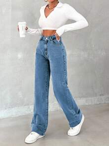 SHEIN Tall Loose Wide-Leg Denim Jeans With Slanted Pockets - Medium Wash - View 4