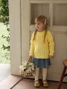 Young Girl Casual Twist Cable Pattern Drop Shoulder Long Sleeve Sweater, Autumn Fall Winter - Yellow - View 7