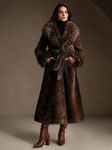 Anewsta 卡其色十字双色仿毛领厚款时尚百搭秋冬夹克 - 棕色 - 查看 10