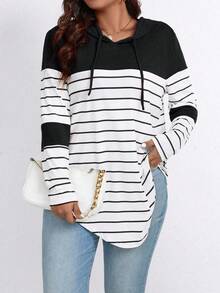 SHEIN LUNE Plus Size Striped Color Block Hooded Long Sleeve T-Shirt With Drawstring Graphic Tees Women Tops For Spring - Black and White - View 5