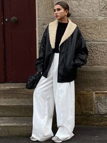 DAZY 女式宽松休闲街头风羊毛与 PU 皮革拼布 V 领外套，秋冬夹克