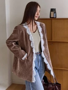 DAZY 女款對比色蕾絲拼接翻領寬鬆休閒西裝外套 商務正裝 西式女裝 - 棕色 - 查看 4