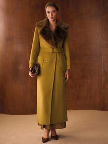 MOTF PREMIUM CONTRAST FUZZY LAPEL COLLAR PATCH POCKET BUCKLE BELTED OVERCOAT - Yellow - View 6