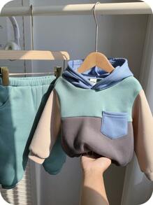 SHEIN 2pcs Baby Boy/Girl Autumn/Winter Thermal Lined Thick Knit Contrast Color Hoodie Sweatshirt And Jogger Pants Set - Multicolor - View 1