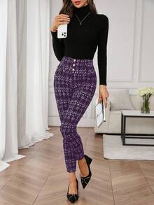 SHEIN Clasi Plaid Metal Buckle High Waist Skinny Pants - Purple - View 6
