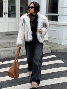 DAZY 女士翻领开襟人造毛皮外套，秋冬时尚女式外套 - 白色 - 查看 12
