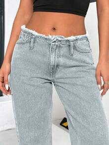 CasuGlow Quần jean ống đứng Y2K lưng thấp có túi, dáng rộng, thường ngày đa năng cho nữ - Màu xanh nhạt - Xem 3