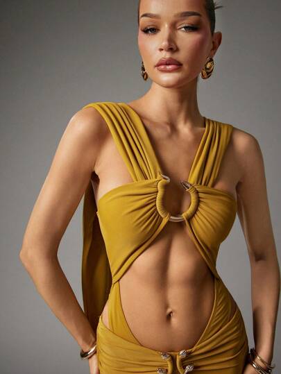 Hauture Women Sexy Summer Vacay Night Out Mustard Yellow With Front Gold Snake Ornament Detail Bodysuit