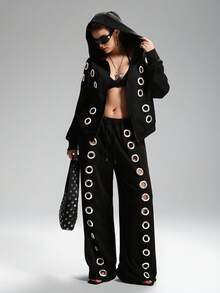 LYSMO Plus Size Metal Eyelet Design Black Sweatshirt, Fashion Forward For Autumn/Winter Grommet Jacket Fall Y2k Plus Size Clothes - Black - View 7
