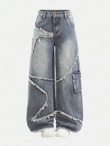 SHEIN Girlism Tween Girls Y2K Fashionable Clothes Fairycore Frayed Edge Decor Washed Baggy Denim Wide Leg Jeans Pants, School,Streetwear, Baggy Jeans Y2k, Jeans Wide Leg, Oversized Jeans, Loose Jeans, Raw Trim Denim Baggy Fall Winter