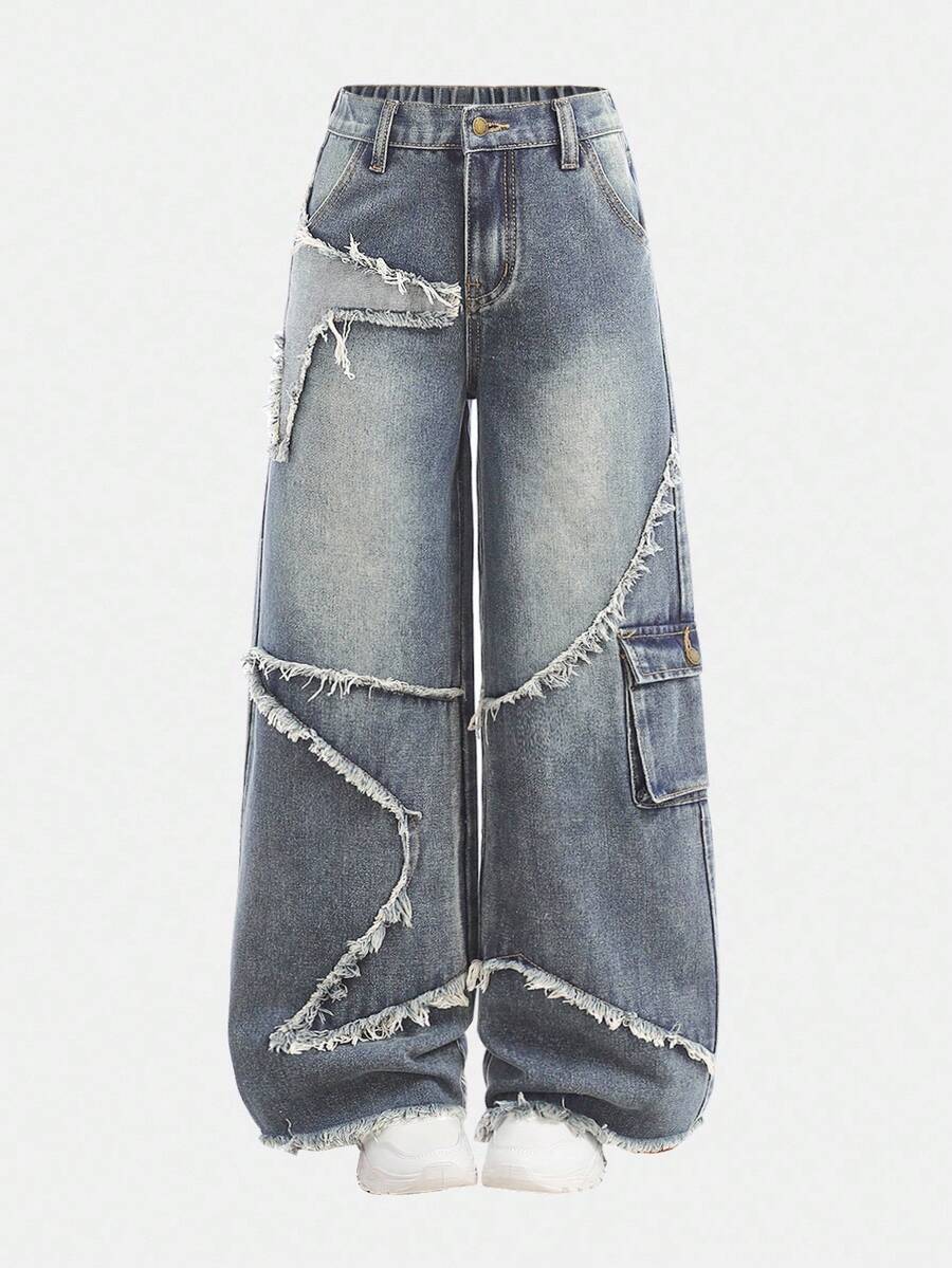 SHEIN Girlism Tween Girls Y2K Fashionable Clothes Fairycore Frayed Edge Decor Washed Baggy Denim Wide Leg Jeans Pants, School,Streetwear, Baggy Jeans Y2k, Jeans Wide Leg, Oversized Jeans, Loose Jeans, Raw Trim Denim Baggy Fall Winter
