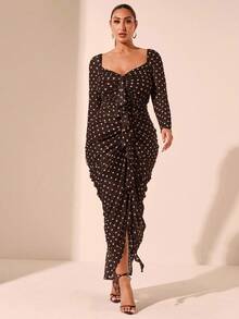 SHEIN BAE Plus Size Autumn And Winter Polka Dot Print Elegant Ruffle Long Sleeve Dress Suitable For Dating, Party, Afternoon Tea - Chocolate Brown - View 6