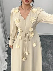 Modelyn Plus Appliques Belted Dress Fall Cloth For Women - Apricot - View 5