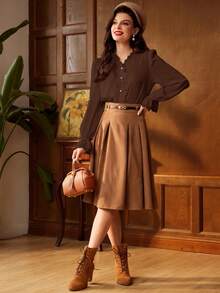 Vintamour Vintage elegantes Damen Hemd mit Kontrast-Spitze, V-Ausschnitt, lange weite Ärmel, Rüschensaum und exquisite Kunstperlenknöpfe, perfekt für Arbeit, Rückkehr zur Schule, Herbst Damen Blusen, Herbst Tops, Herbst Lehrerin, Winter Damen Vintage Weißes Langarmhemd, Knopfleiste Langarmbluse, Langarm Top, Langarm Bluse - Braun - Übersicht 5