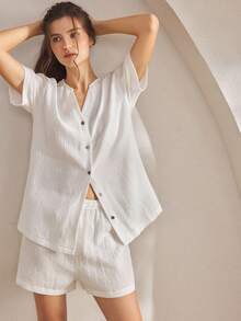 Ocili 女士棉质休闲开衫和短裤睡衣套装 - 白色 - 查看 3
