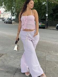 NegzBox Casual Loose Straight Pants For Women, Striped Tie Waist Linen Trousers For Home And Daily Wear, School - Pink - View 6