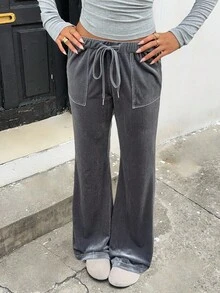 SHEIN Unity Quần nhung ống loe lưng thấp, co giãn, có dây rút, thường ngày - Xám - Xem 3
