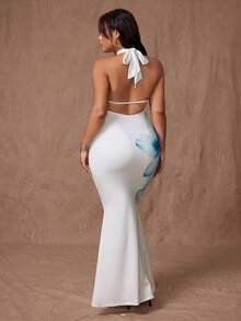 Rustia 加大码优雅性感白色蝴蝶花卉 3D 印花低胸露背长款美人鱼连衣裙，适合秋季女性 - 彩色 - 查看 2