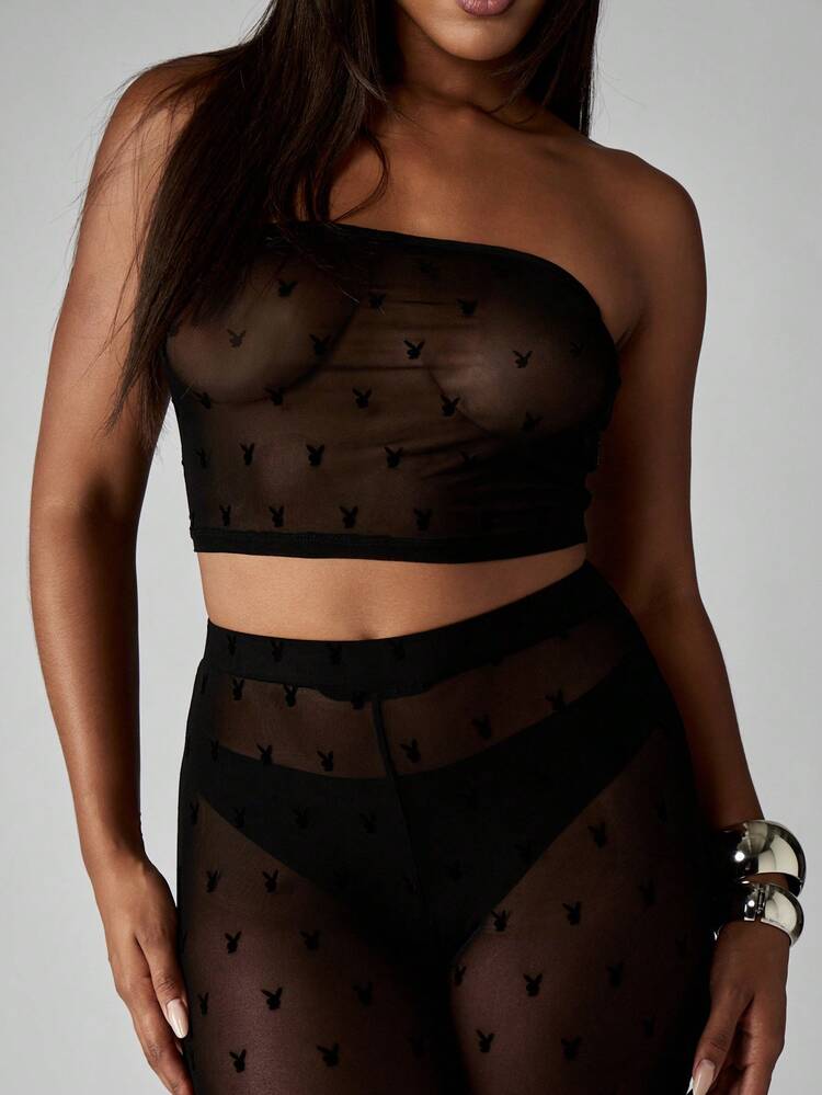 Missguided x Playboy メッシュ 2ピース パーティーアウトフィット ストラップレストップ ハイウエストカプリパンツ 超透明 バレンタイン イブニングセット オールオーバープリントパターン