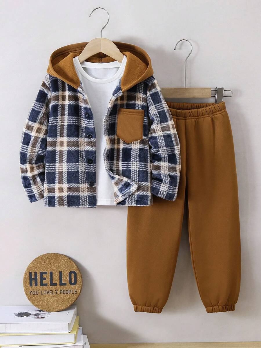 2件套男童格子口袋连帽夹克和松紧腰慢跑裤套装