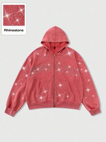 ROMWE MEN Street Life Men's Rhinestone Embellished Hoodie Sweatshirt, Street American Style - Red - View 3