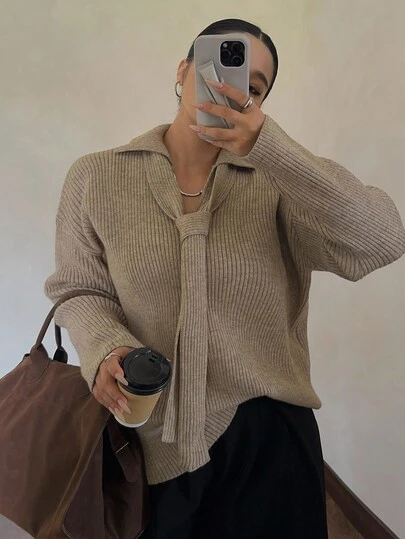 Dazy Plus Ribbed V-Neck Tie Front Loose Plus Size Women Casual Pullover Sweater, Autumn/Winter