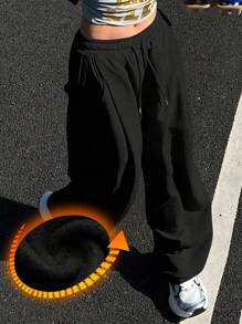 DAZY Women's Solid Color Loose Pleated Pants, Casual Sports Street Style, Thermal Lined, Autumn/Winter Sweatpants