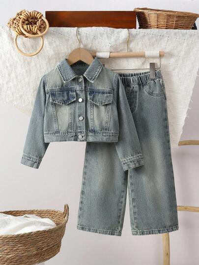 SHEIN Vintaside Kids 2 件女童休闲复古中号洗水蓝色牛仔夹克和阔腿牛仔裤套装，舒适柔软的面料，时尚的日常穿着