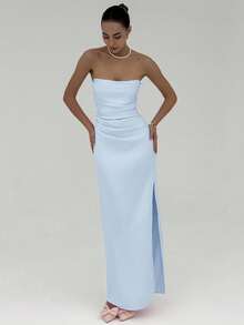 Aloruh 女士纯色褶皱露肩连衣裙 - 淺藍色 - 查看 3