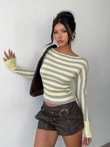 Aloruh Women's Autumn/Winter New Arrival Turtleneck Long Sleeve Yellow Striped Slim Fit Ribbed Sweater,Fall - Multicolor - View 6