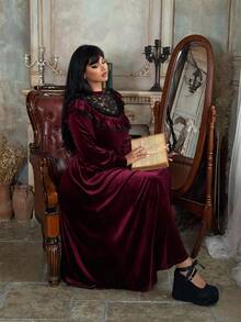 Lyrianda Plus Size Halloween Velvet Lace Patchwork Ruffle Hem Punk Dress