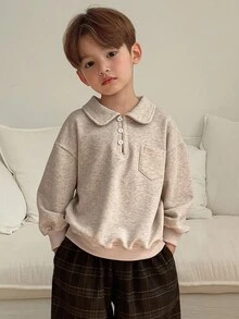 DAZY 2 件套儿童男童宽松休闲 POLI 领运动衫和格子裤套装，适合秋季的日式服装 - 杏色 - 查看 5