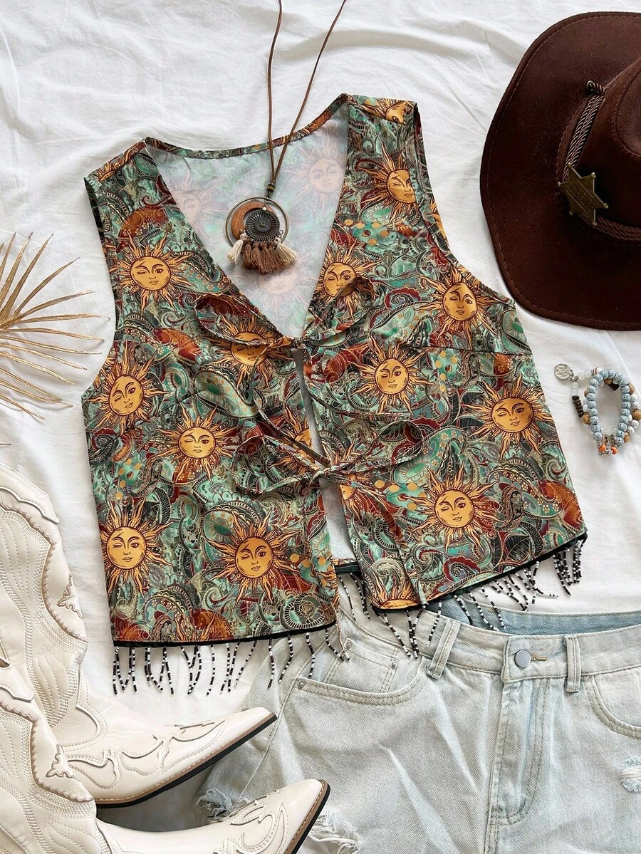 Soleia 女士沙滩波西米亚乡村音乐会外出休闲上衣乡村音乐会外出度假V领系带热带风情背心 - 杏色 - 查看 1