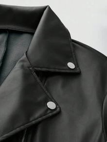 Ellegaria. 拉链短款机车夹克，女士深秋休闲拉链落肩翻领常规版型黑色纯色女士夹克，休闲日常穿着 - 黑色 - 查看 5