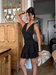 Ronhire Black Knit & Woven Patchwork V-Neck Ruffle Backless Mini Dress With Ruched Waist, Simple & Elegant For Vacation Casual Daily Wear, Spring/Summer For Women