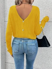 Breezaya V-Neck Backless Knit Sweater Fall Winter Cloth For Women Women Long Sleeve Tops Yellow Tops Yellow Top Women Yellow Sweater Off Shoulder Sweater