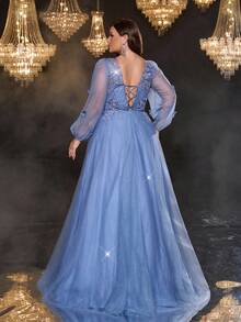 Glamrae 加大码优雅浪漫奢华灰蓝色 V 领灯笼袖串珠花卉贴花网眼长裙，适合晚会、约会、度假、音乐节、毕业典礼、婚礼活动（重磅装饰） - 藍色 - 查看 5