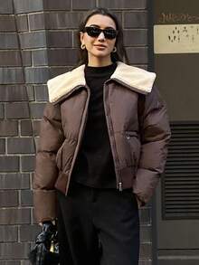 DAZY 女士休闲百搭撞色冬季夹克外套 - 咖啡棕 - 查看 1