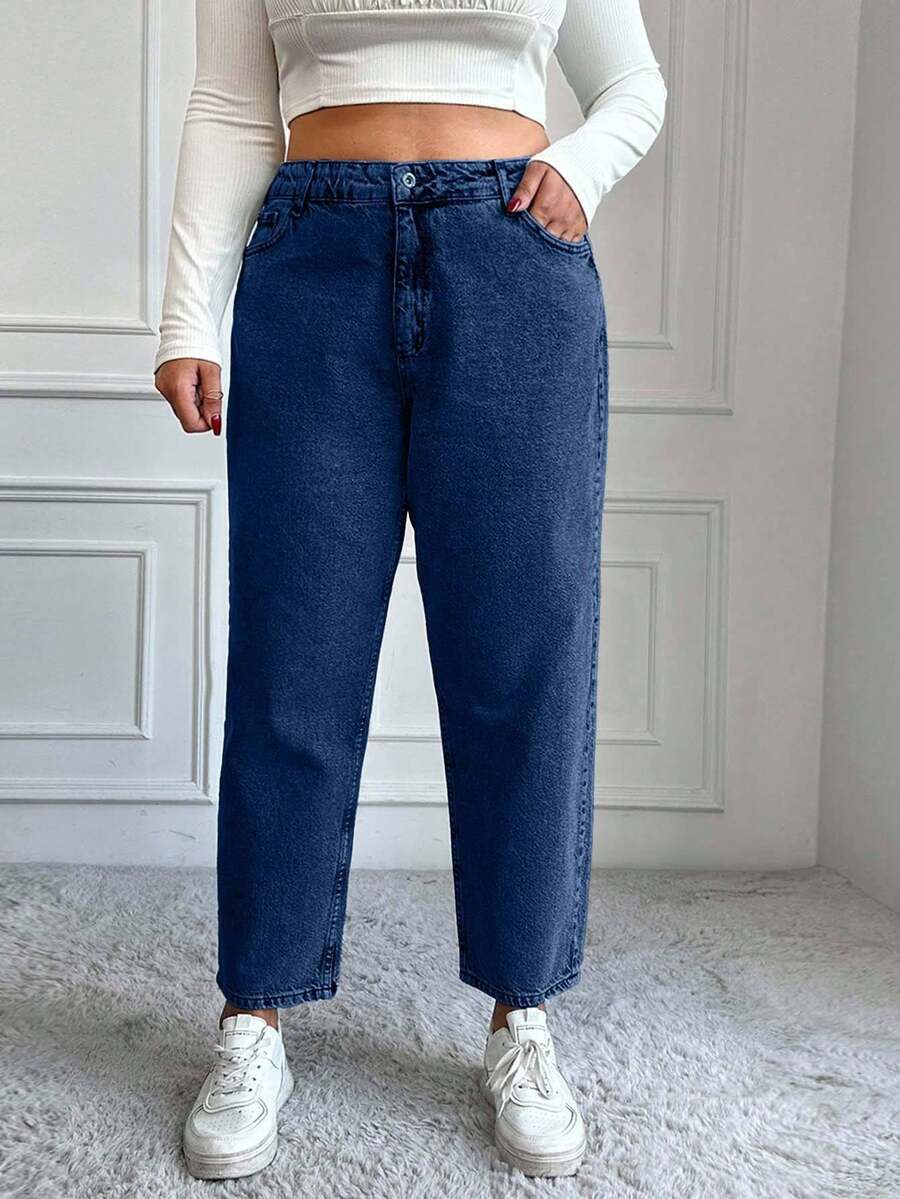 EURMUSE Plus Size Casual Washed High Waist Tapered Jeans - Medium Wash - View 1