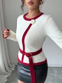 Elenzga Women's Contrast Red Trim Knit Sweater With Belt, Versatile And Fashionable
