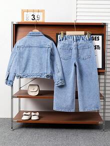 2 件套年轻女孩牛仔套装 - 时尚水洗牛仔蓝色夹克和休闲直筒牛仔裤，适合日常、休闲和学校穿着