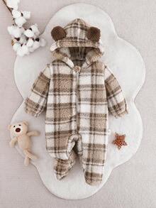 Newborn Hooded Romper, Plush Fleece Lined, Classic Retro Brown Plaid Pattern, Cute Ear Design, Zipper Closure, Long Sleeve Footie Pajamas, Infant Unisex Autumn/Winter Outfit Fall