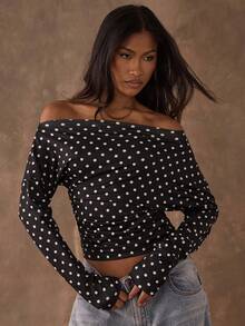 SHEIN BAE Women's Polka Dot Print Off Shoulder Batwing Long Sleeve Fitted Fashion T-Shirt, Autumn Winter Women ,Party ,Beach, Polka Dot Long Sleeves, Casual Everyday - Black - View 4