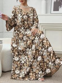 Elegant Vintage Romantic Floral & Pearl Decor Loose Fit Casual Dress For Women - Multicolor - View 4